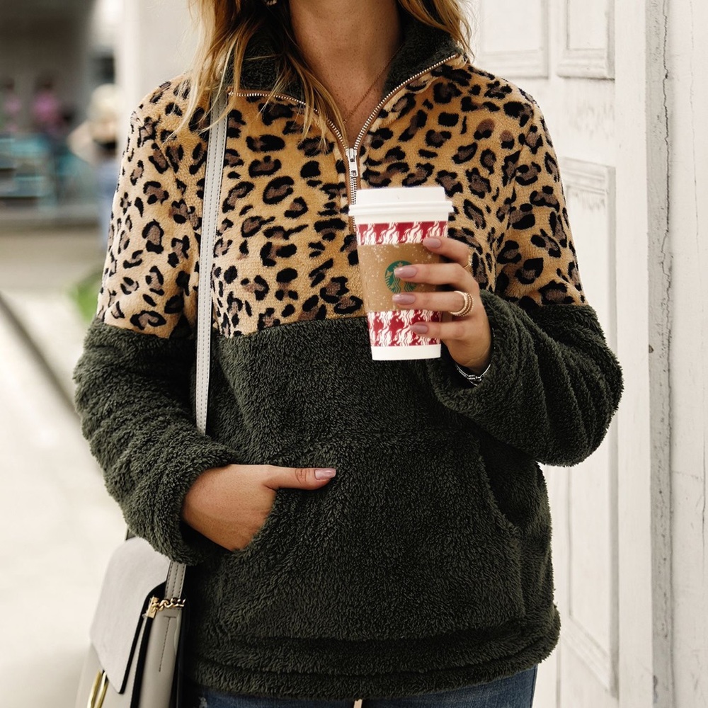 ♦️🆕 Leopard Print Furry Zipper Sweater Olive - Picture 7 of 7